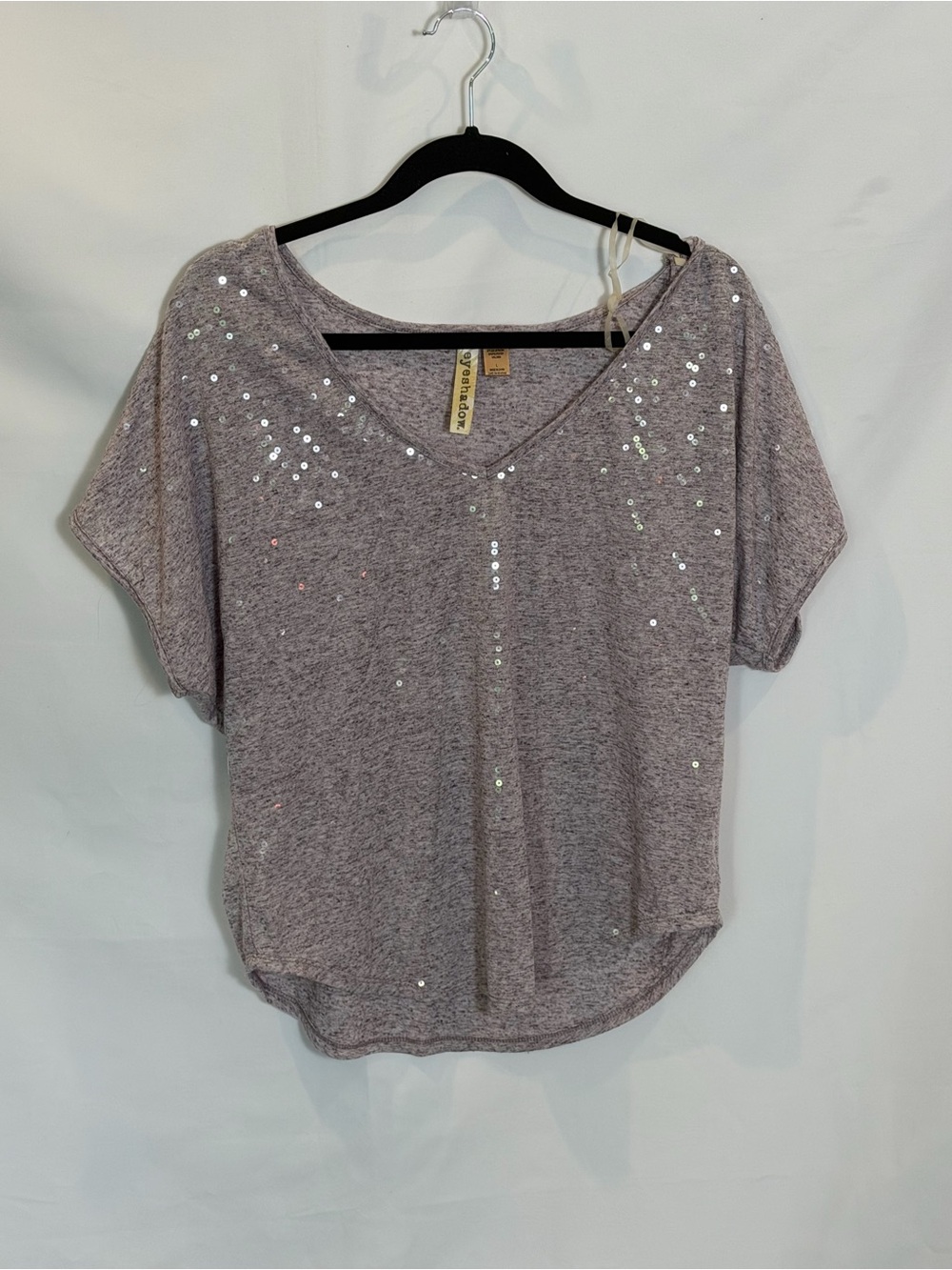 Eyeshadow Purple Sequin V-Neck Short Sleeve Tee